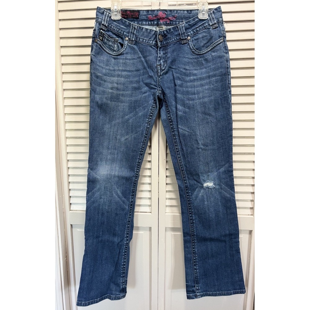 Rock & Roll Cowgirl Med Wash Bootcut Denim Jeans Low Rise Size 30x32 Rhinestones